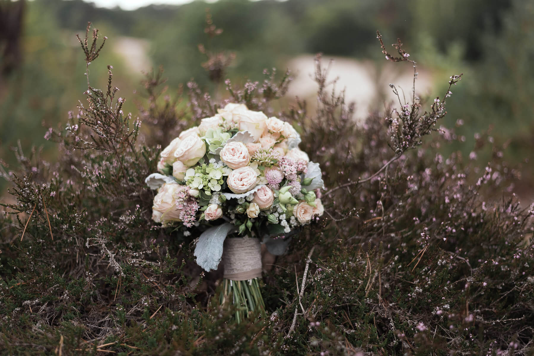 Hochzeitsfotograf aus Sottrum für Rotenburg und Bremen. Bild vom Brautstrauß in der Heide. Fotoshooting in den Dünen. Besondere Hochzeitsfotografie.